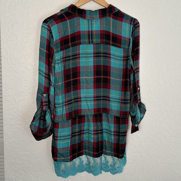 Preppy Goth Plaid Lace Button Up Shirt Viscose Soft Surroundings Western Cowgirl - Picture 6 of 7